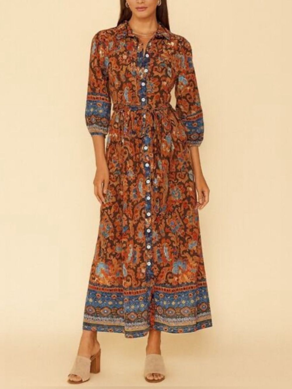 House of Harlow 1960 Long Sleeve Cotton midi
Dress in Brown and Blue floral